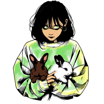 realistic girl with messy bunny baggy sweatshirt and holding bunnies