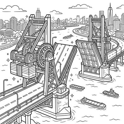 Dive into the intricate world of engineering with this dynamic bascule bridge coloring page designed for teens. Explore a bustling cityscape and flowing river as you bring this iconic structure to life with your vibrant colors.