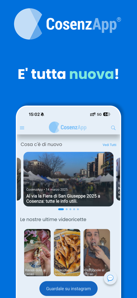 CosenzApp - CosenzApp home screen featuring local news and Calabrian food recipes.