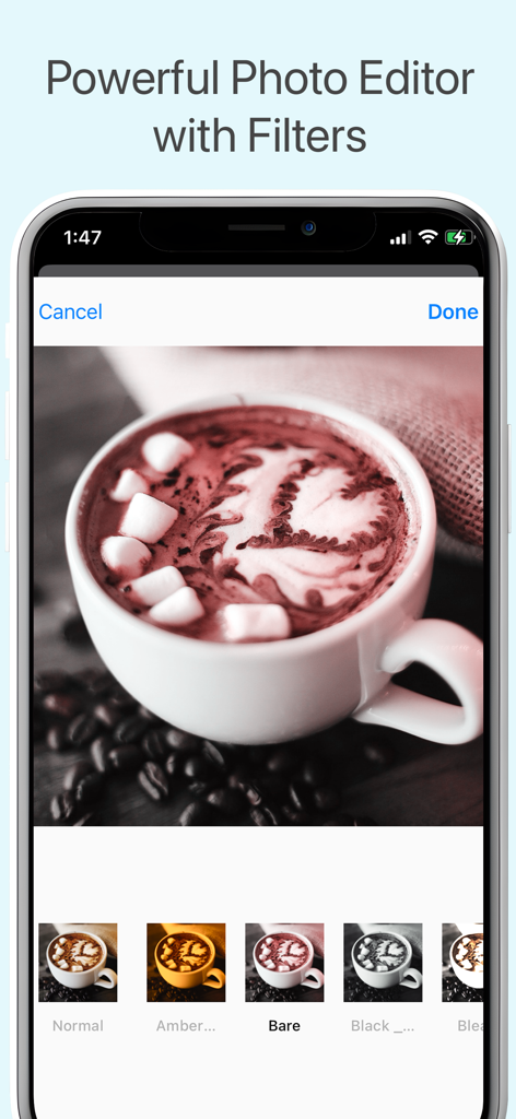 美しい写真編集のためのプロ仕様フィルターを備えた、フォトコラージュメーカーのアプリインターフェース
