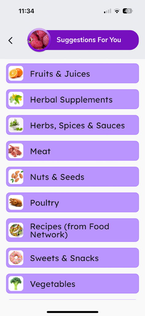 Gout + - Gout Plus app interface showing food categories for personalized diet suggestions