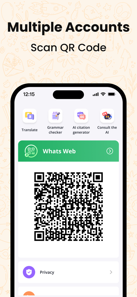 WAAI: Web Messenger, Dual Chat - WAAI app interface for scanning QR codes to manage multiple accounts.