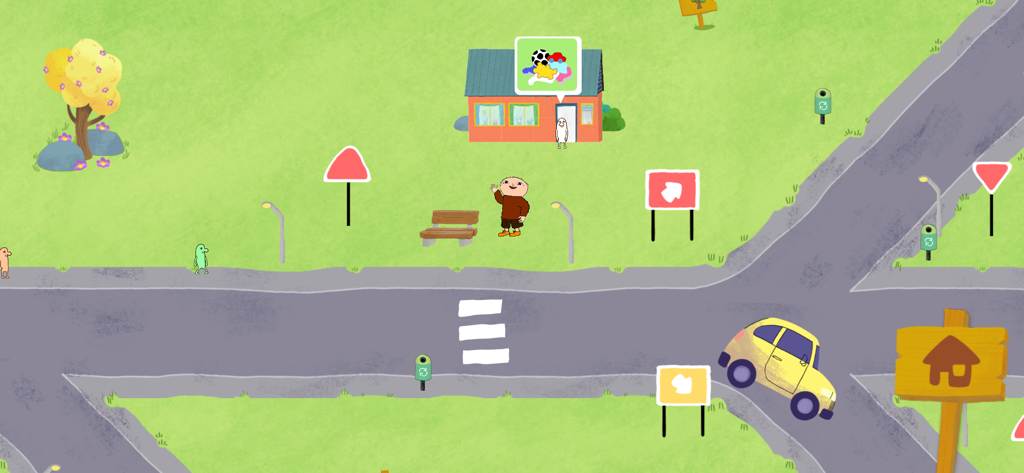 Beep beep Alfie Atkins - Kids - A colorful city scene from the Alfie Atkins game featuring a character standing near a road with a yellow car and green landscapes.