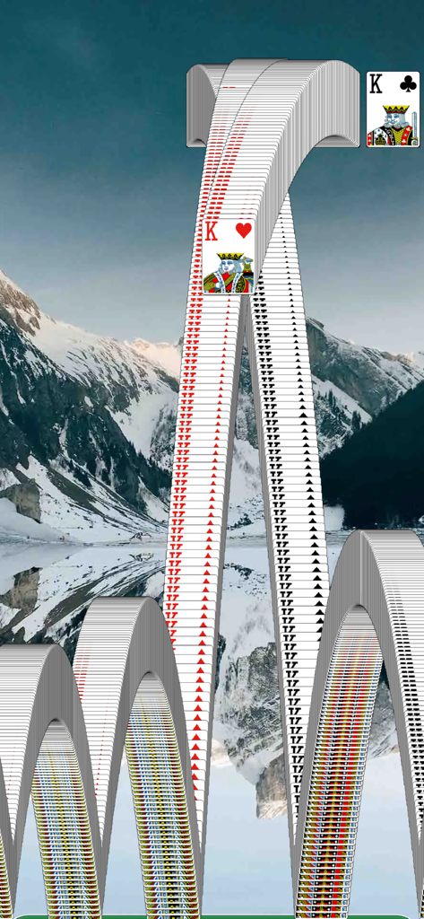 Solitaire Classic Game. - Winning animation of Solitaire Classic Game with cards bouncing against a mountain landscape.