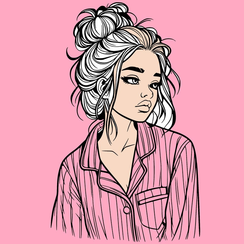 realistic woman with pajamas on and a messy bun