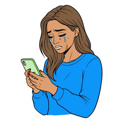 a beautiful woman crying while staring down at a phone with blank background