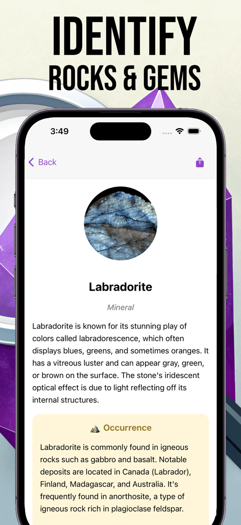 Rock Identifier - Crystal Id - App screen showing detailed identification and occurrence information for a Labradorite mineral