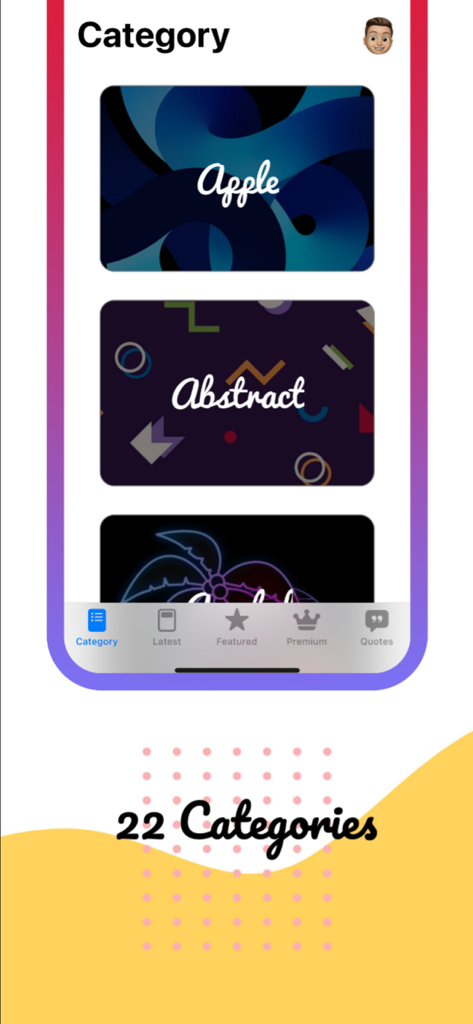 Wallcandy - Unique Wallpapers - Capture d'écran de l'application Wallcandy montrant différentes catégories de fonds d'écran artistiques comme Apple et Abstrait.