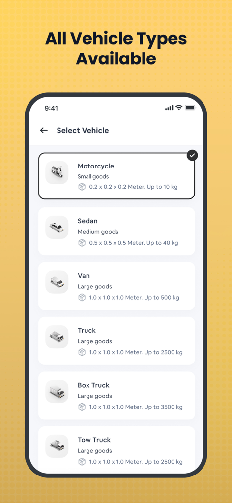 Bee: Be Quick, Be Efficient - Pantalla de la aplicación Bee que muestra opciones de entrega para diferentes tipos de vehículos y tamaños de paquetes