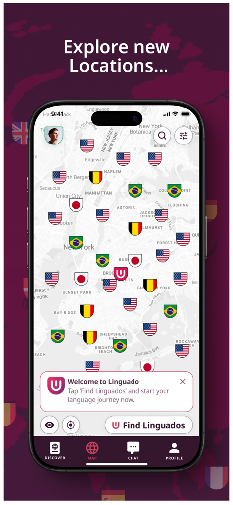 Linguado - Linguado app map interface showing diverse native speakers across New York City marked with international flags