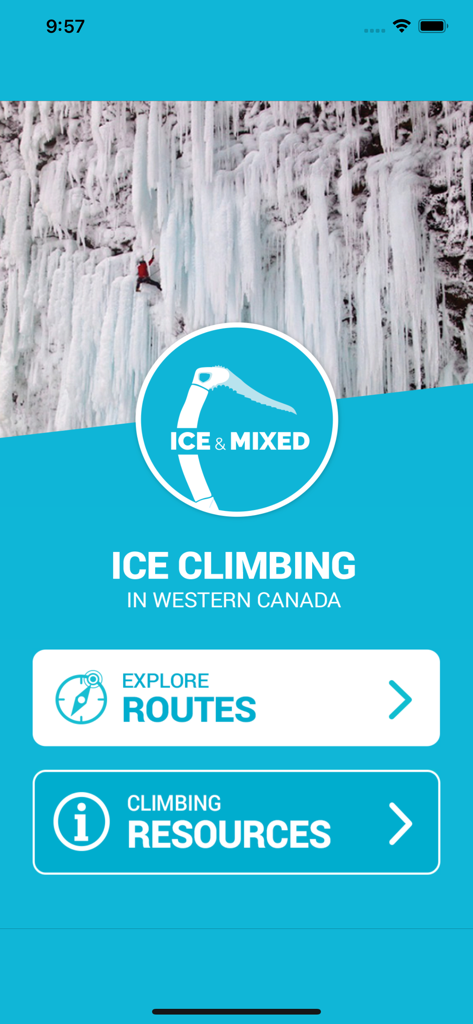 Ice and Mixed: Western Canada - Home screen of the Ice and Mixed Western Canada app with options to explore routes and climbing resources.