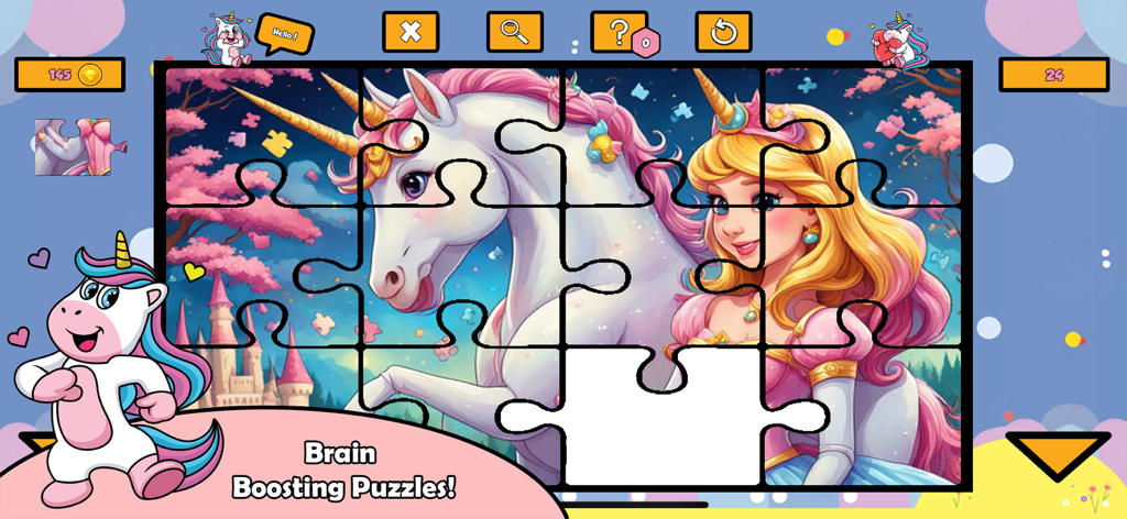 Unicorn Puzzle Game - Un colorido puzle de una princesa y un unicornio en la aplicación Unicorn Puzzle Game.