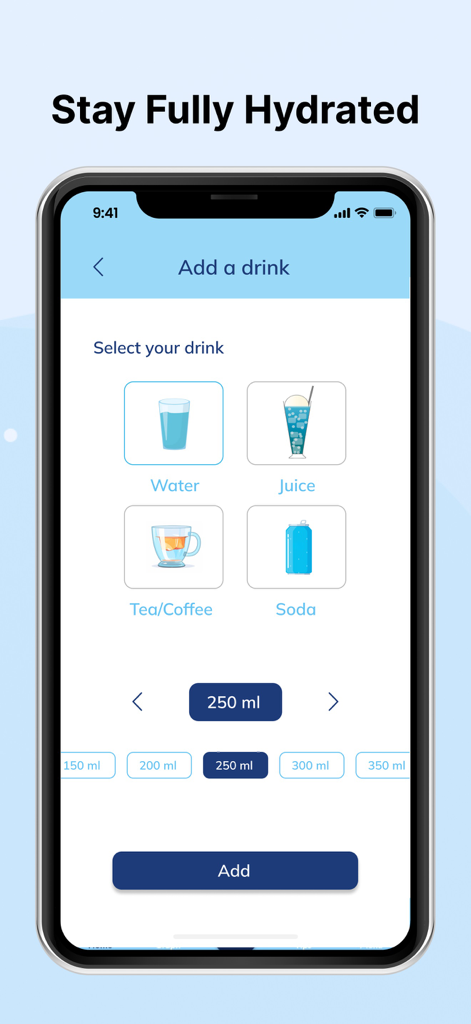 Drink Water Reminder & intake - Interfaz de una aplicación de hidratación que muestra opciones para registrar diferentes tipos de bebidas y tamaños de porciones.