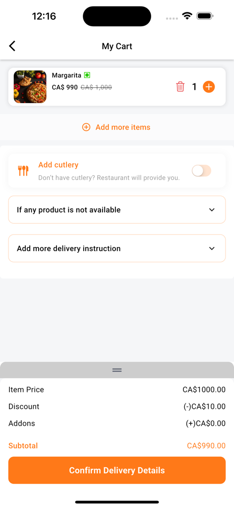 Africaribana Go - Visualização do carrinho de compras no aplicativo Africaribana Go com detalhes do pedido e um botão para confirmar os detalhes da entrega