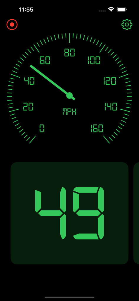 Speedometer Live - Speedometer Live app dashboard with green analog and digital speed indicators in MPH