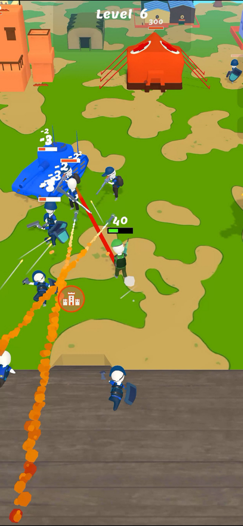 Island Warfare 3D: Guns' Land - A top down view of soldiers and a blue tank in a battle on a grassy island level in Island Warfare 3D.