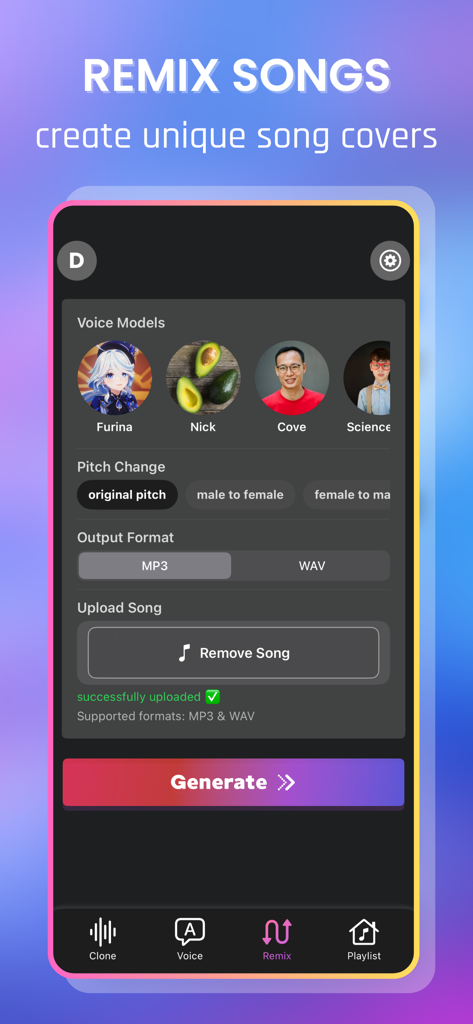 Voice Generator & Changer Pro - Echo app screen for remixing songs and creating AI voice covers