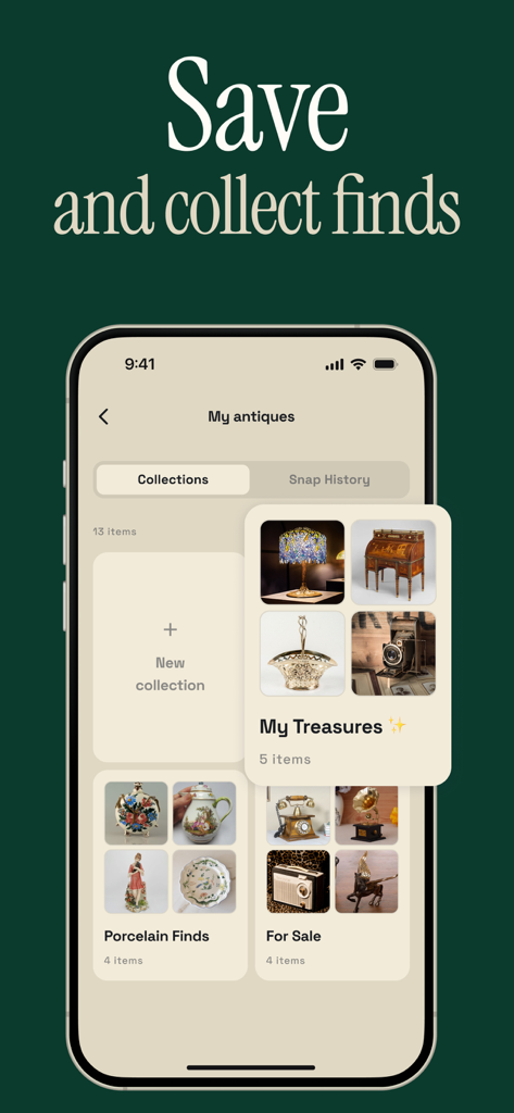 Antique Identifier Zophi - Interfaz de la aplicación Identificador de Antigüedades Zophi que muestra carpetas organizadas de hallazgos de porcelana y tesoros vintage en una pantalla móvil