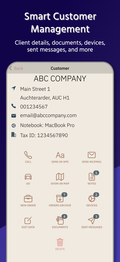 Ein mobiler App-Bildschirm zur Kundenverwaltung, der Kundendetails und Serviceoptionen wie Messaging und Aufträge anzeigt.