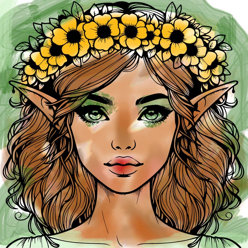 realistic female elf with flower crown
