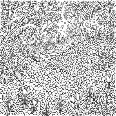 Discover an extraordinary coloring page where the stark beauty of hail drifts meets the vibrant renewal of spring. This intricate design invites you to explore a fascinating paradox of nature, bursting with blooming flowers and detailed icy mounds.