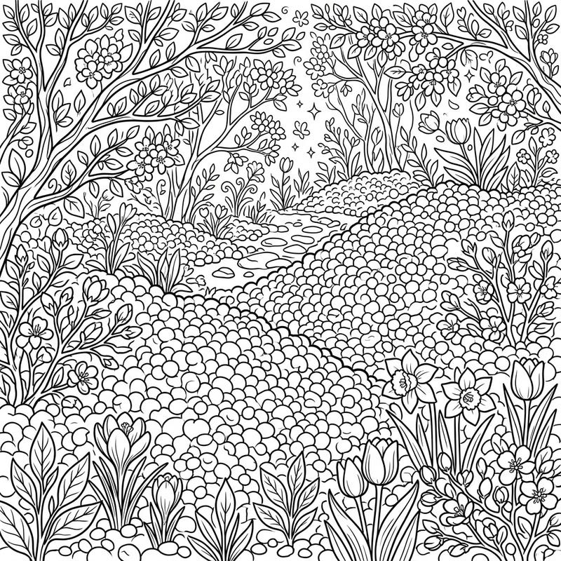 Discover an extraordinary coloring page where the stark beauty of hail drifts meets the vibrant renewal of spring. This intricate design invites you to explore a fascinating paradox of nature, bursting with blooming flowers and detailed icy mounds.