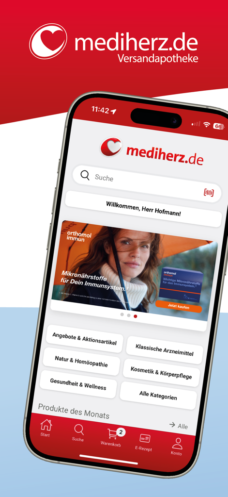 Mediherz mobile App Dashboard mit Gesundheitskategorien wie Homöopathie und Kosmetik mit einem Werbebanner für Immunpräparate