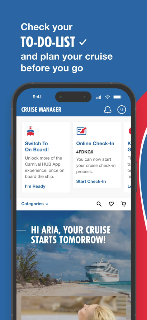 Carnival HUB - Interfaz de la aplicación Carnival HUB que muestra la planificación de cruceros y el check-in en línea