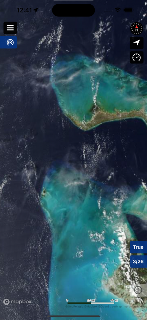 Vista della mappa satellitare che mostra immagini oceaniche a colori reali nell'app BigBlue Offshore Fishing.