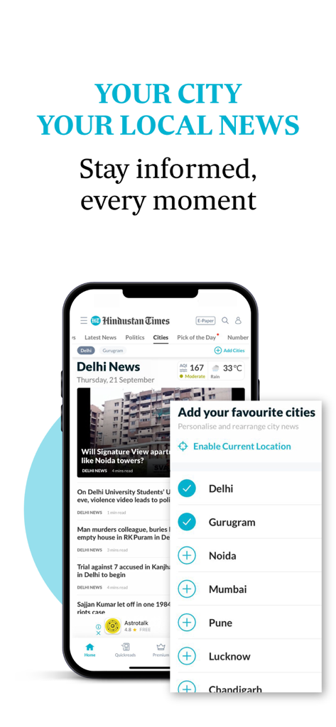 Hindustan Times app screen displaying local news for Indian cities and a city selection menu