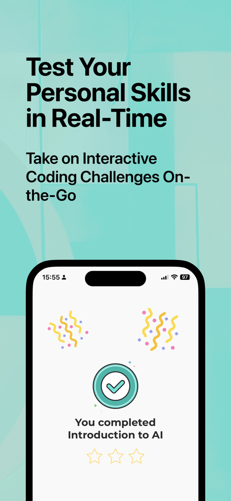 Skill: Code Microlearning - A mobile screen showing a completed Introduction to AI lesson with interactive coding challenge celebration