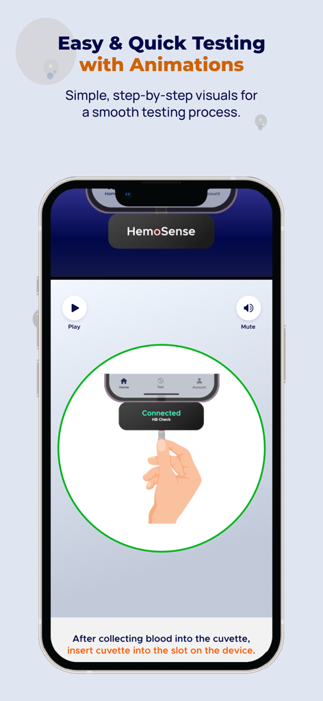 Hemosense - Hemosense app showing an animated guide for inserting a cuvette into the diagnostic device.