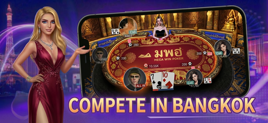 ポーカーチャンピオンシップアプリでバンコクをテーマにしたテキサスホールデムポーカーテーブルを示すモバイル画面。