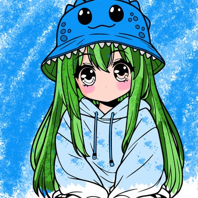 girl with anime shaped eyes with a dinosaur bucket hat oversized sweatshirt long straight hair