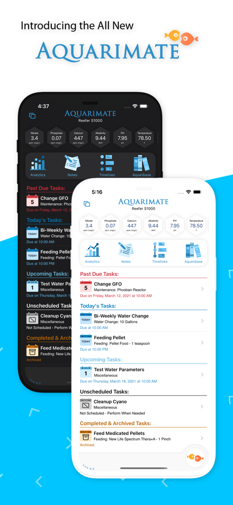 Aquarimate - Aquarimate app dashboard displaying aquarium water parameters and maintenance task schedules in dark and light modes