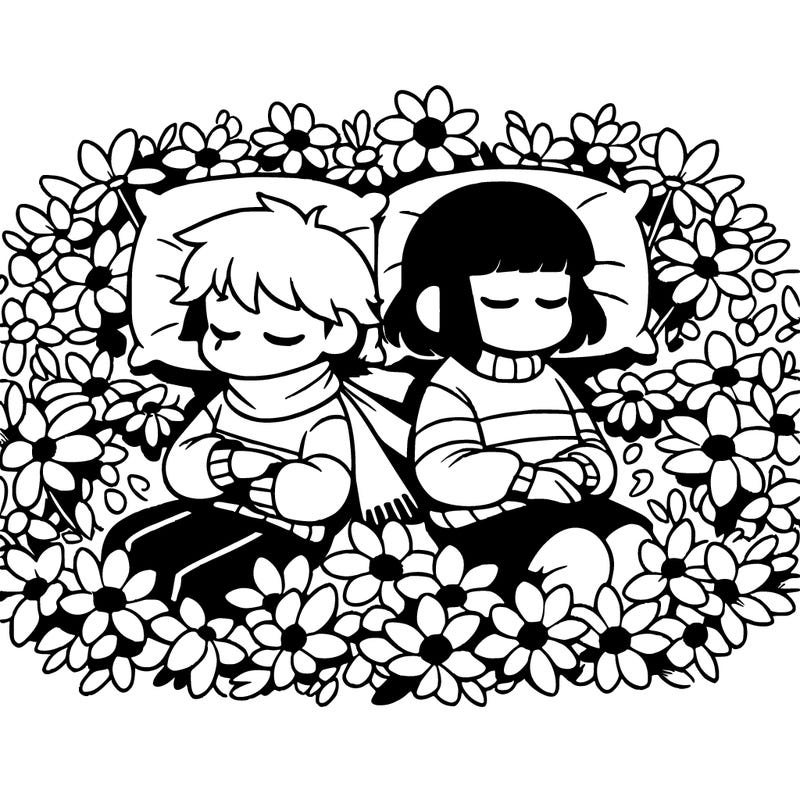 undertale chara and frisk in a bed of flowers