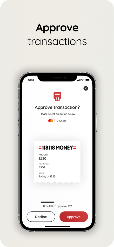 Smartphone displaying a transaction approval request for an online purchase on the 118 118 Money app