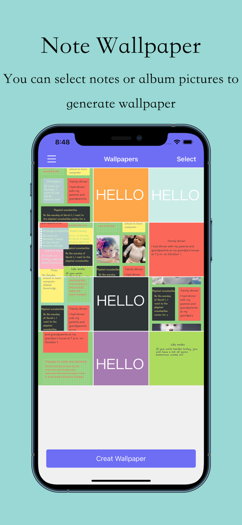 壁紙作成のためのカラフルなメモと画像のグリッドを表示するスマートフォンの画面