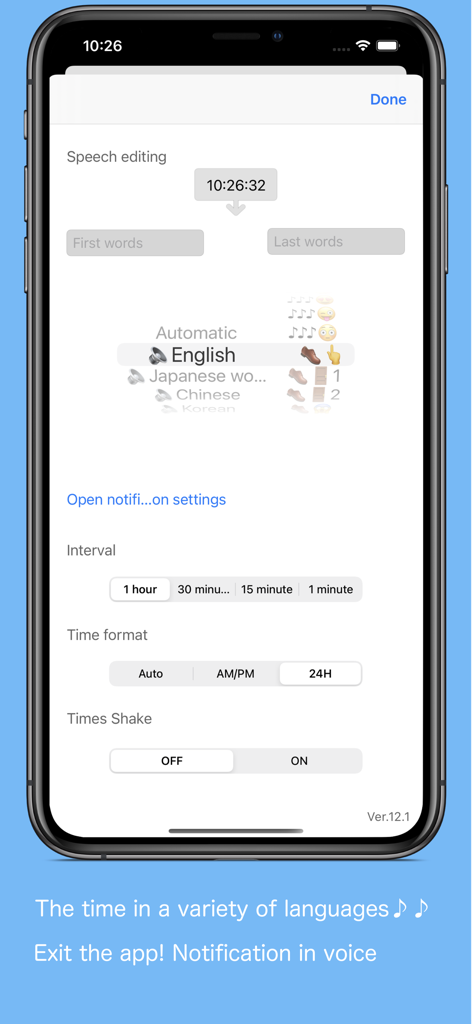 VoiceClock - Talking - VoiceClock app settings screen showing customizable speech editing language options and notification intervals