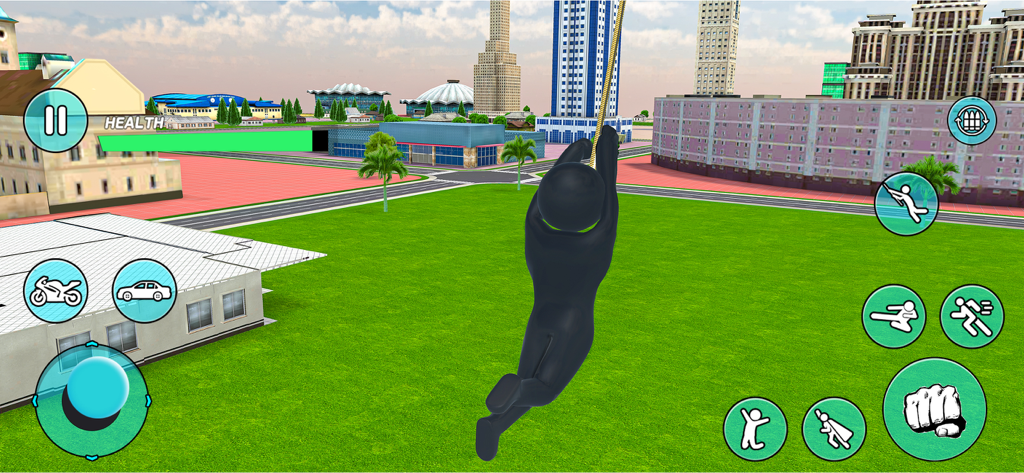 Stickman Wars - Stickman Games - A black stickman character ziplining over a green field and city buildings in the Stickman Wars mobile game.