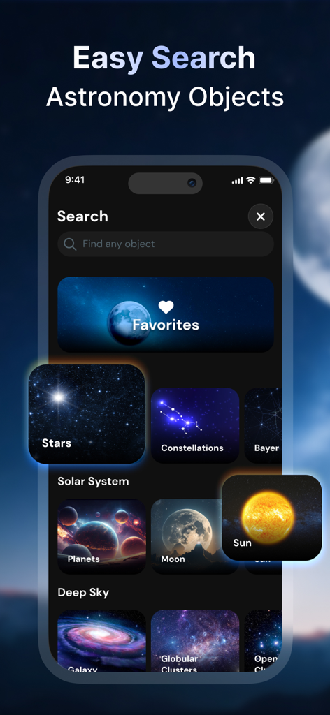 Mobile app search interface displaying categories for stars constellations planets and deep sky objects