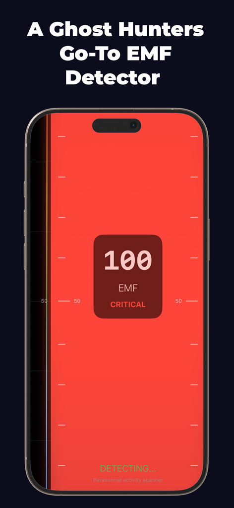 EMF Detector - Ghost Hunting - Screenshot of the EMF Detector app showing a critical paranormal activity reading of 100 on a red interface.