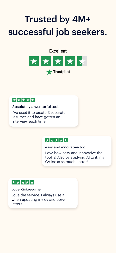 Kickresume: AI Resume Builder - Reseñas de usuarios de Kickresume y calificación excelente de Trustpilot que resaltan las experiencias exitosas de los buscadores de empleo