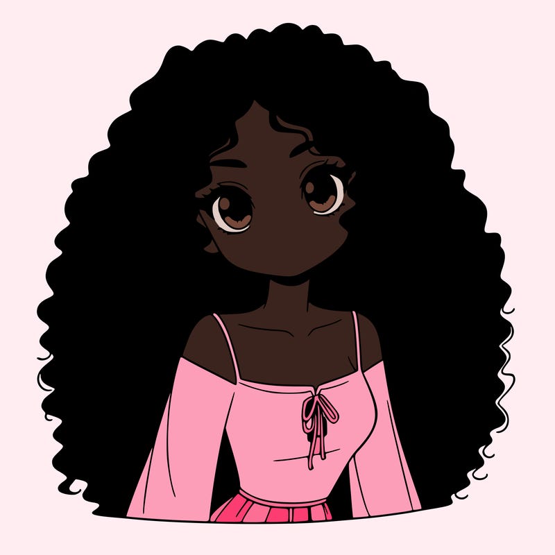 a black anime girl with long afro hair