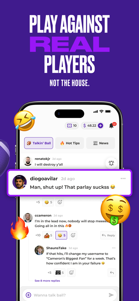 Wanna Parlay - Fantasy Sports - Mobile screen of Wanna Parlay app showing a social feed where users chat and react to sports picks
