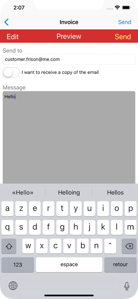 Invoice Pro. - Mobile interface of the Invoice Pro app showing how to send an invoice via email with a custom message