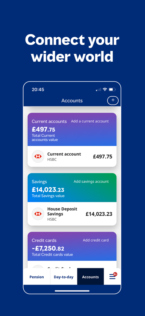 Mercer Money app interface showing consolidated bank accounts and savings balances