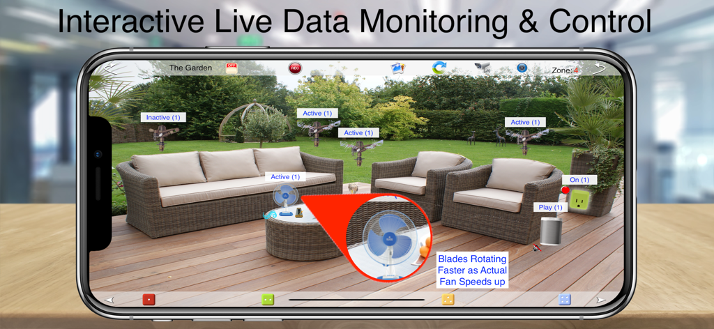 Interactive garden monitoring and control interface on HOS Smart Home Live app