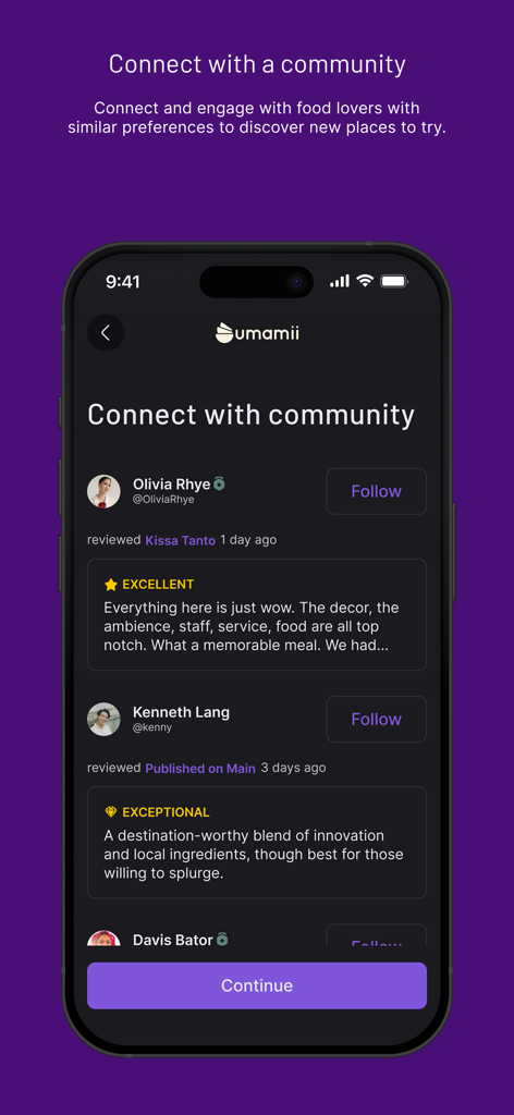 Mobile screen showing the Umamii app community feed where users share restaurant reviews and follow each other for food recommendations.