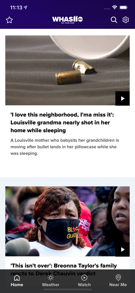 WHAS11 News Louisville - The home screen of the WHAS11 News Louisville app displaying local news stories and a navigation menu